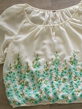 Free People Cream Top with Aqua Floral Embroidery